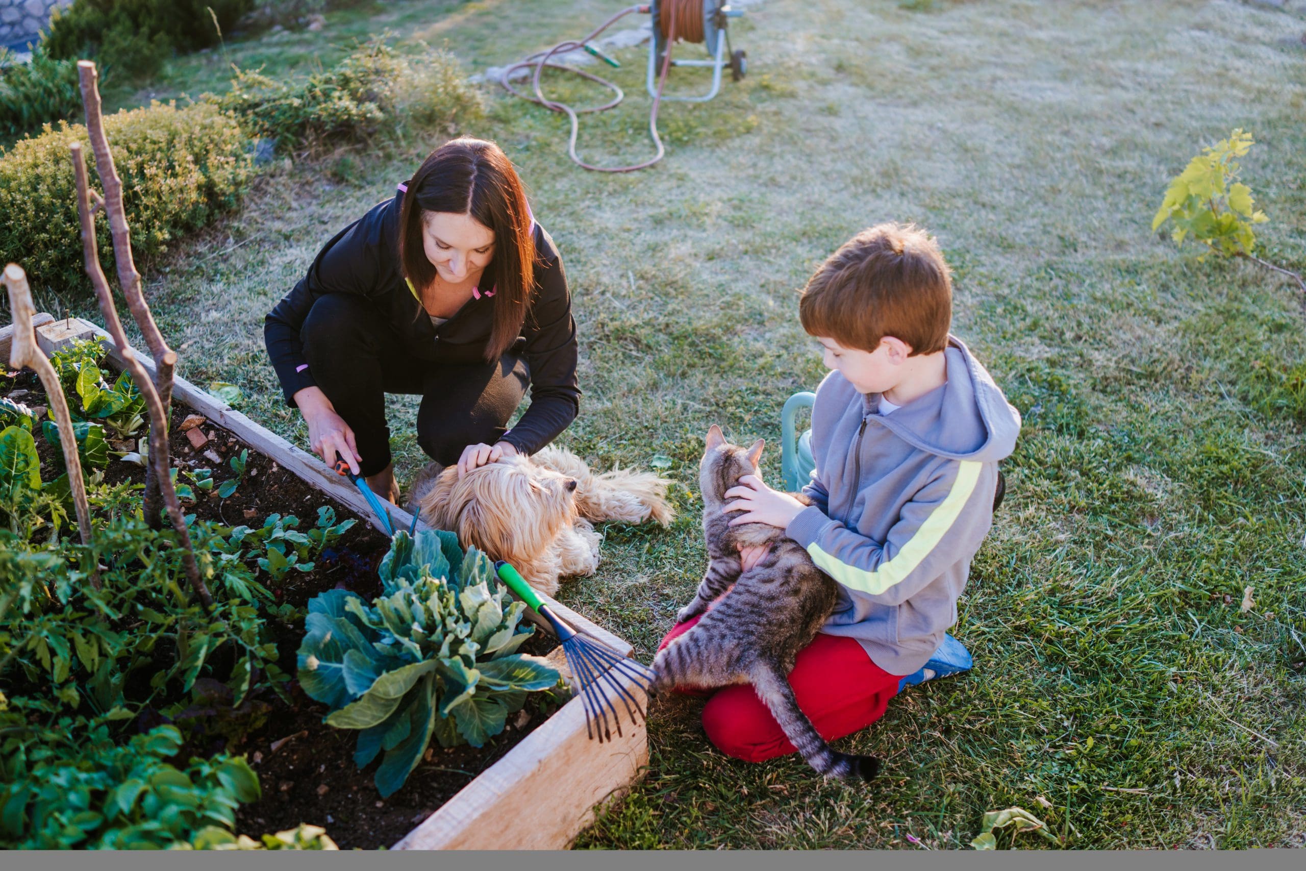 Mother, her son and pets in the garden